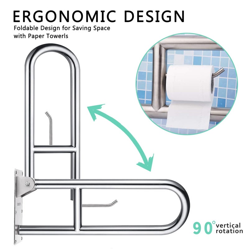 WochiTV 29.5 INCH Stainless Toilet Safety Rails,Disabled Flip-Up Bathroom Grab Bar with Paper Holder,Toilet Handrails Hand Grips Handle Shower Assist Aid, WochiTV Handicap Grab Bars for Elderly - Image 4